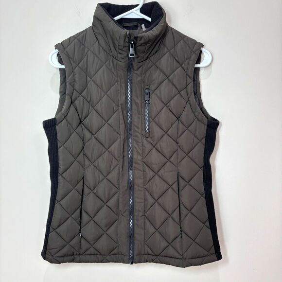 Andrew Marc Olive Green Quilted Vest Women S Zip Pockets Stretch Sides Outdoors - Picture 1 of 9